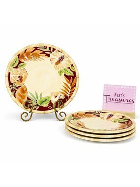 Home Trends HIBISCUS Bamboo Edge Ferns Floral Red Border Dinner Plates Set of 4